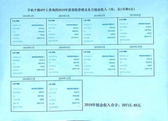 2019年显示保险营销员佣金收入29715.49元