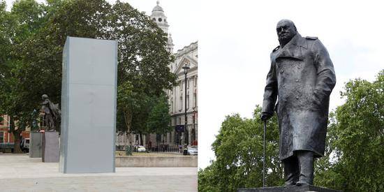 伦敦市政府用挡板围住了丘吉尔雕像（图源：路透社）