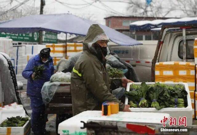 资料图：2020年2月14日，北京迎来降雪，新发地农产品批发市场内井然有序，商户正在雪中忙碌。中新社记者赵隽摄