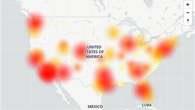 全美各大城市出现信号中断现象。（图片为Down Detector网站截图，该网站主要用于追踪通讯服务的运行情况。）