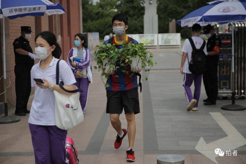 △6月17日，清华附中门口，一名学生抱着两盆绿植离校。摄影/新京报记者郑新洽