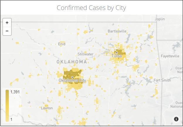 该州疫情地图显示，最严重的地区就是首府俄克拉何马城与塔尔萨市图片来源：俄克拉荷马州卫生部门