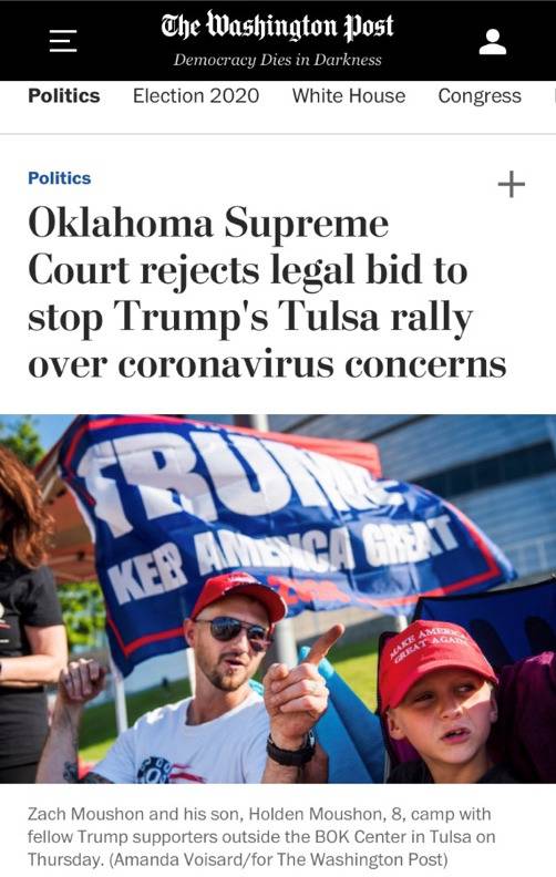 △《华盛顿邮报》报道，俄克拉荷马州最高法院驳回了反对特朗普塔尔萨集会的诉讼