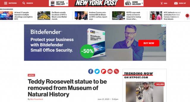 杰斐逊华盛顿“倒”下之后 纽约博物馆将拆除罗斯福雕像