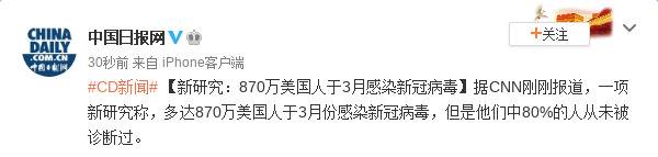 新研究：870万美国人于3月感染新冠病毒