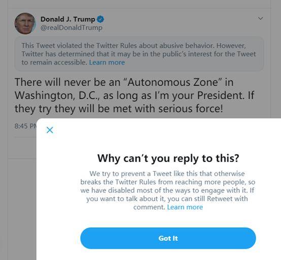坐等开骂，特朗普警告示威者推文被推特以违反社区规定为由屏蔽