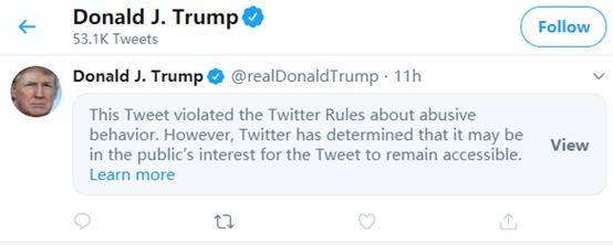 坐等开骂，特朗普警告示威者推文被推特以违反社区规定为由屏蔽