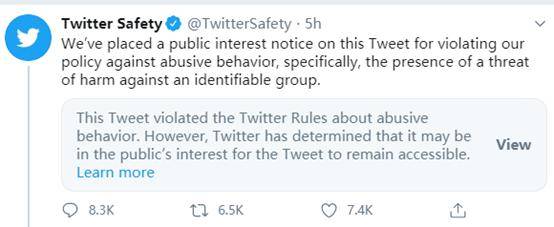 坐等开骂，特朗普警告示威者推文被推特以违反社区规定为由屏蔽