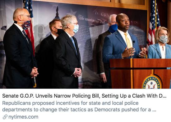 参议院共和党人发布“狭隘”的警务改革法案，与民主党法案存在冲突。/《纽约时报》报道截图