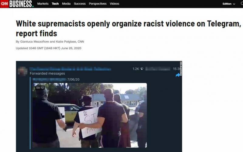 CNN：报告显示，白人至上主义者正通过Telegram平台宣扬种族暴力