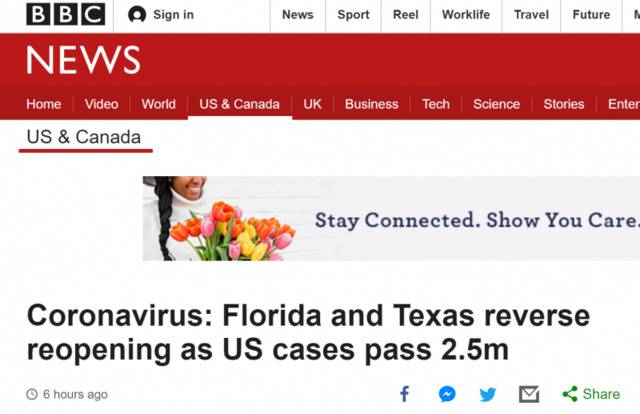 BBC：佛罗里达州和德克萨斯州推迟重新开放，美国病例超过250万例