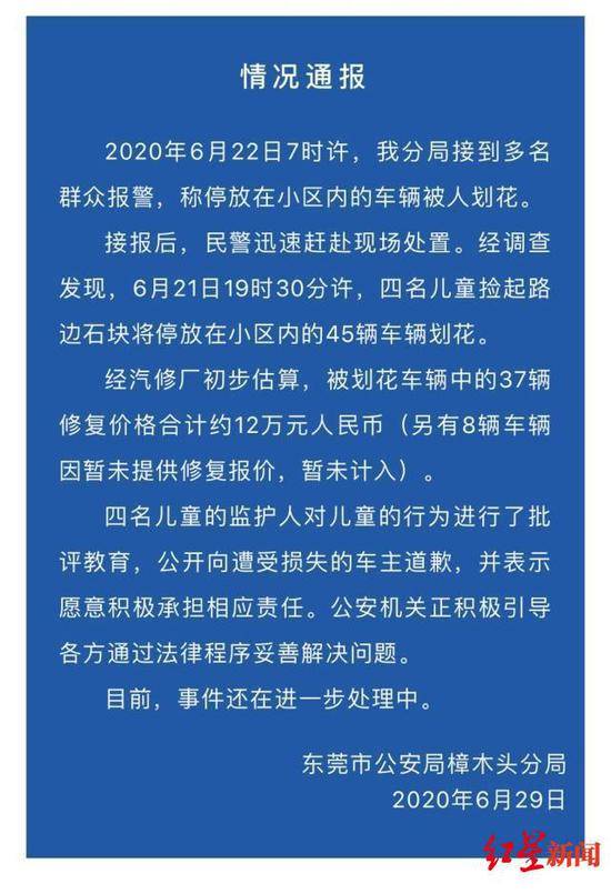 广东4儿童刮花45辆车 警方：其中37辆车修复价约12万