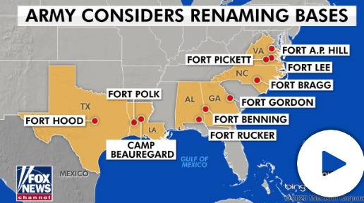 （图为涉及种族主义问题的10个美军基地，截图来自福克斯新闻网早前的报道）