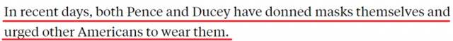 △迫于地方官员持续的施压，杜西直到两周前才允许其辖区内的城市制定相关的戴口罩的政策。但最近，无论是彭斯还是杜西都主动戴上了口罩并要求其他美国民众也佩戴口罩（来源：美国广播公司）