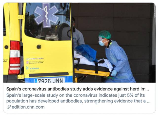 “西班牙抗体检测研究显示群体免疫难以达成”。/CNN报道截图