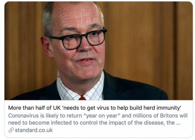 “超过一半英国人需要感染病毒以建立群体免疫”。/Standard报道截图