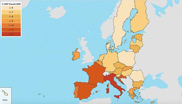 欧盟发布的GDP预测地图。来源：欧盟委员会