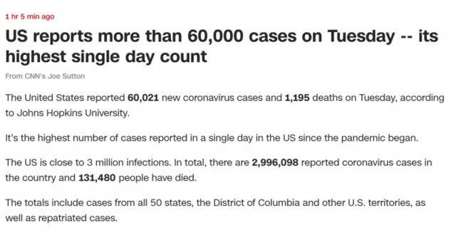 美国单日确诊60021例，又创新高