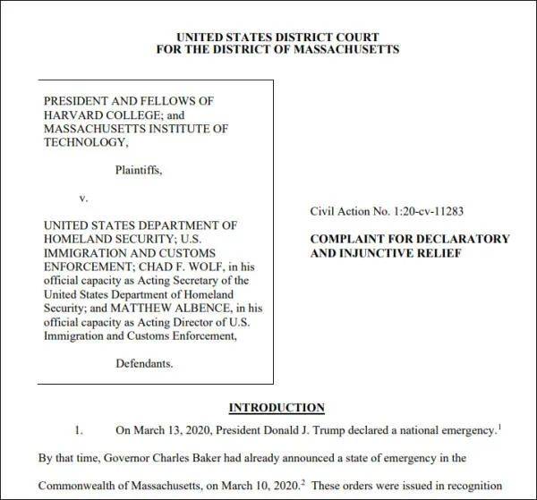 哈佛大学、麻省理工学院针对新规的诉讼书（图源：美媒）
