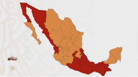 △墨西哥目前大部分处于疫情橙色状态，另有一小半区域仍处于红色状态