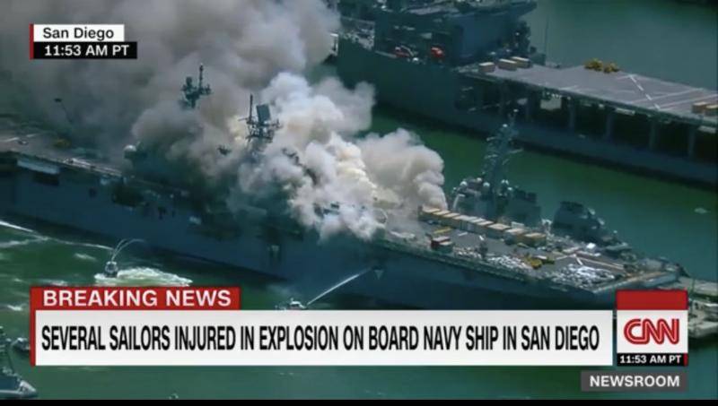 美军一两栖攻击舰在圣迭戈海军基地爆炸起火至少1人受伤
