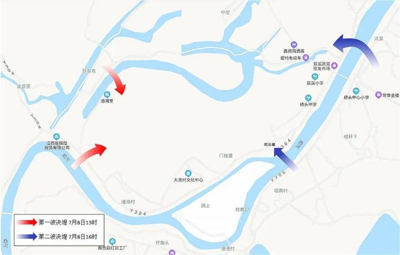 油墩街镇决堤示意图澎湃新闻实习生何沛芸制图