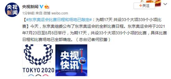 东京奥运会比赛日程和场地已敲定：为期17天共设33个大项339个小项比赛