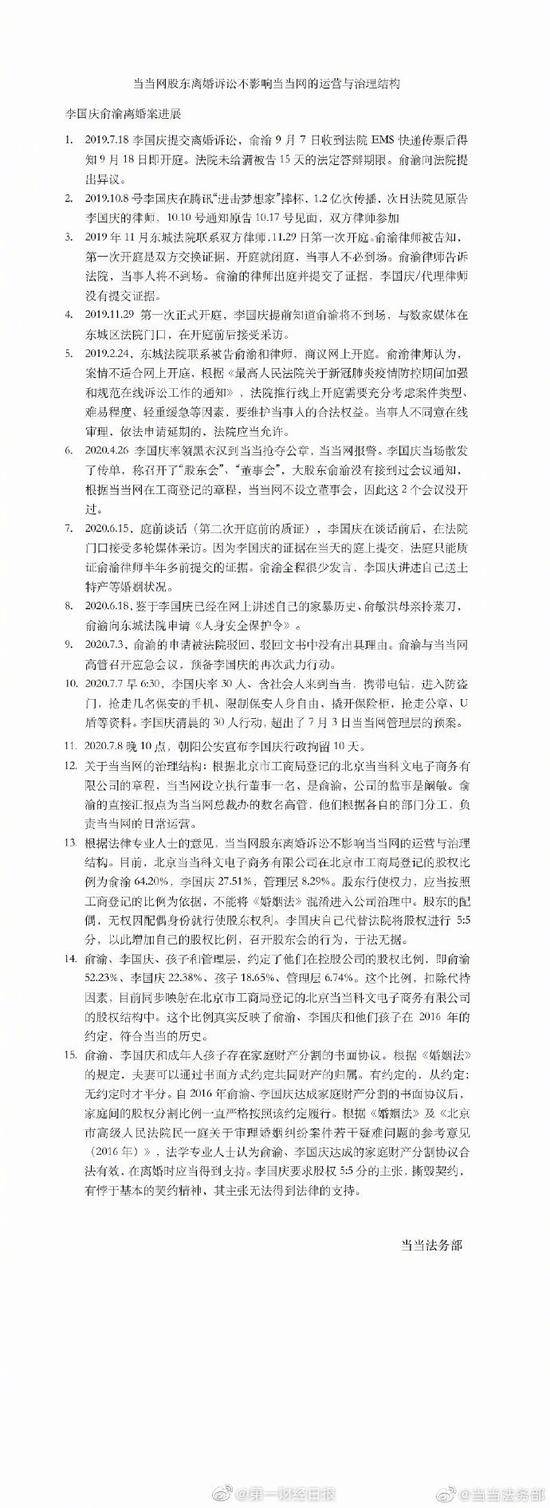 当当回应李国庆俞渝离婚诉讼：不影响当当网运营与治理结构