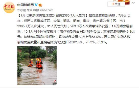 7月以来洪涝灾害造成24省份2385.7万人次受灾