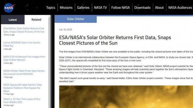 NASA向公众公开有史以来最接近太阳的照片(图)