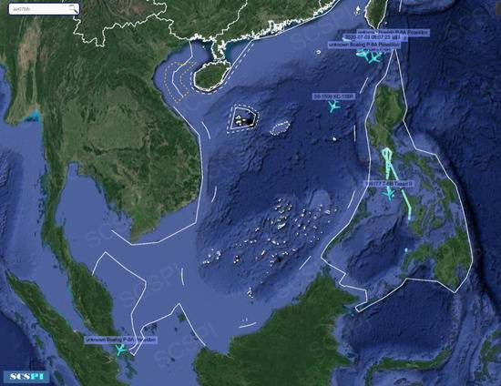 7月3日，美国军机在南海海域的飞行轨迹（图源：SCSPI平台）