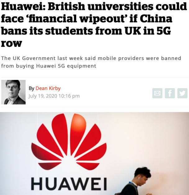 △标题《华为：如果中国在5G争端中禁止学生来英国留学，英国大学可能倾家荡产》（图片来源：英国媒体inews）