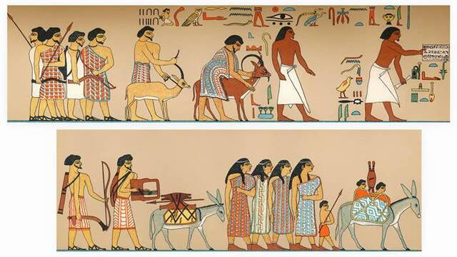 古埃及壁画上，希克索斯人穿着色彩鲜艳的衣服，而埃及人通常穿白色的衣服。图片来源：FALKENSTEINFOTO/ALAMY STOCK PHOTO