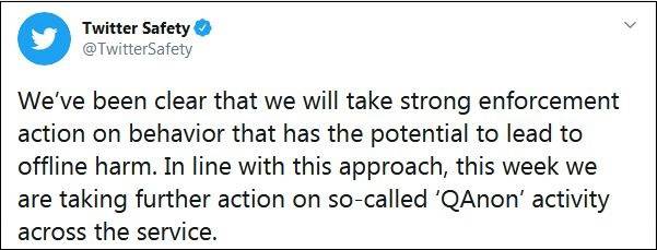 推特官方21日称，将对某些可能对现实造成伤害的行为进行强力管制措施，而“匿名者Q”正是打击对象之一