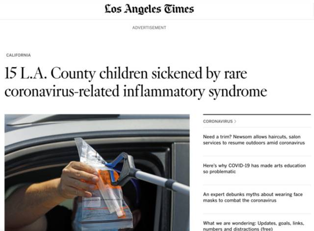 △《洛杉矶时报》称，洛杉矶县15名儿童确诊与新冠病毒有关的疾病