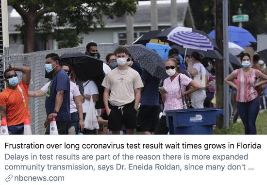 佛罗里达州民众因等待病毒检测结果时间过长而感到沮丧。/美国全国广播公司报道截图