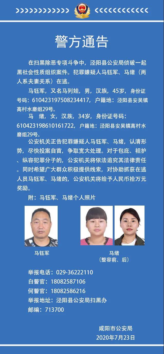 陕西警方悬赏通缉两名涉黑组织在逃人员一人整过容