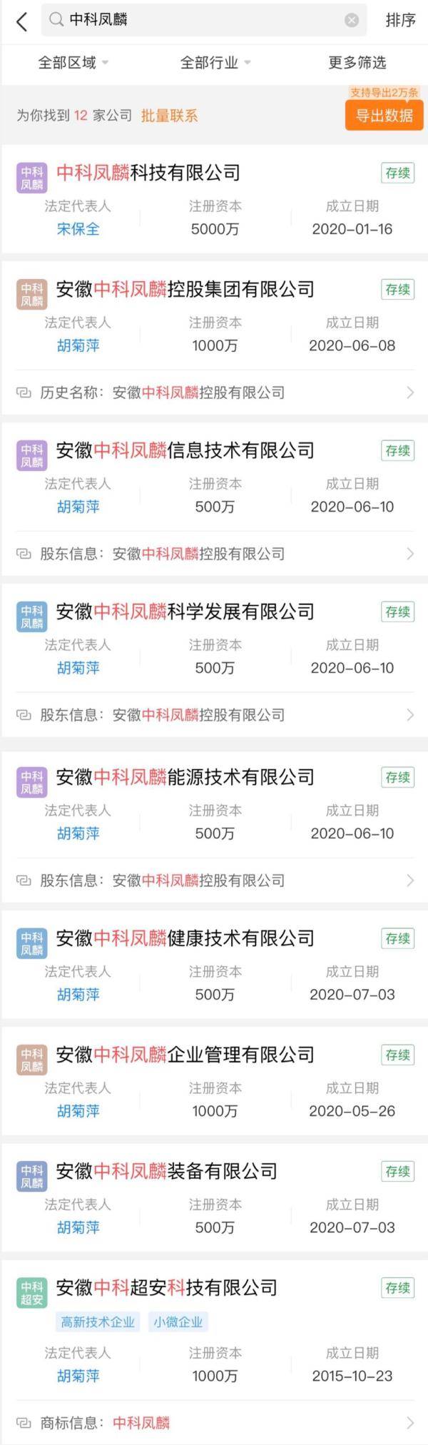 5月下旬至7月初，7家以“安徽中科凤麟”打头的公司密集成立