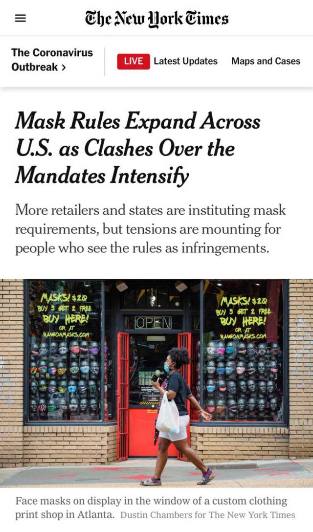 △《纽约时报》称，尽管对于口罩的接受度逐渐上升，但对于政府能否强制民众佩戴口罩仍有争议