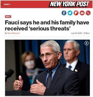 △《纽约邮报》24日报道，福奇表示，他和他的家人都受到了严重威胁