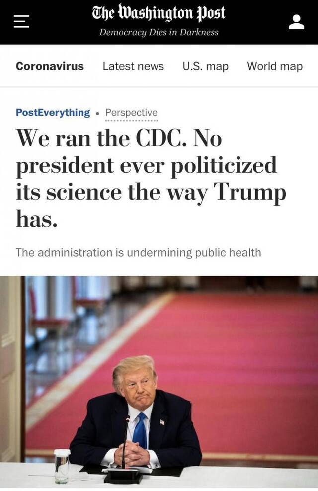 △《华盛顿邮报》发表文章，批评美国疫情控制中的“科学政治化”问题