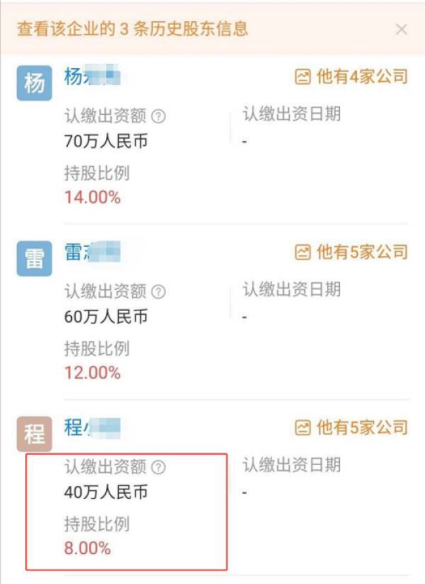 天眼查信息显示，程女士持涉事公司8%的股份。