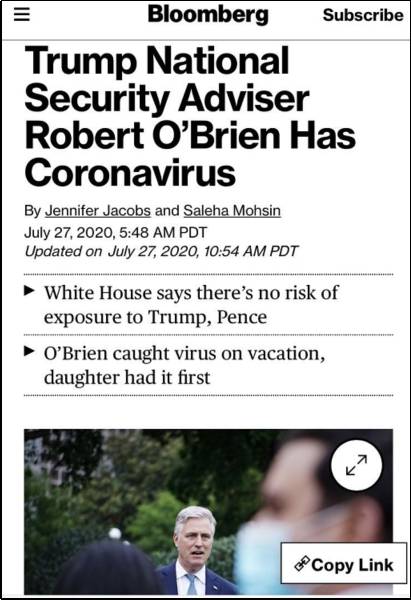 △彭博社报道，当地时间7月27日，白宫证实，美国国家安全顾问罗伯特·奥布莱恩确诊感染新冠病毒