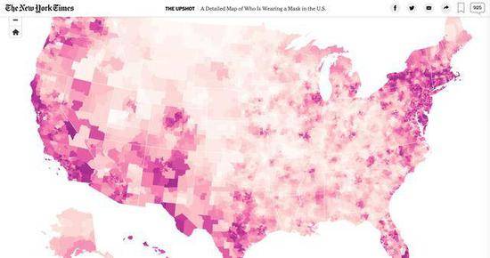 （图说：7月17日，《纽约时报》发布数据地图，显示美国各地随机遇到戴口罩路人的几率。紫色越深，代表着随机遇到的人全部戴口罩的几率越高。）