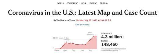 （图说：《纽约时报》统计的美国疫情发展趋势，第二波高峰出现在7月。）