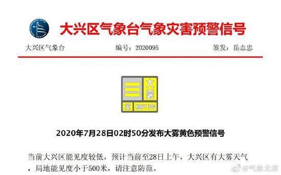 局地能见度小于500米！北京大兴、通州大雾黄色预警