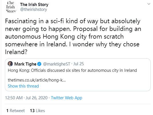 “港独”欲在爱尔兰买地“建城” 但爱尔兰并不傻