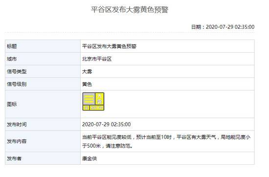 晨间有雾能见度不佳！北京平谷发布大雾黄色预警