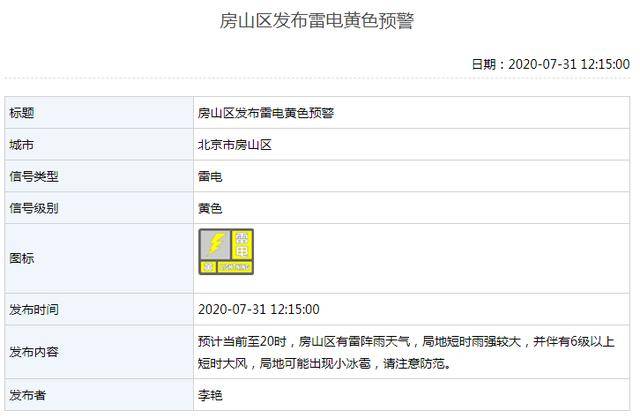 北京多区发布雷电黄色预警，房山区6级大风