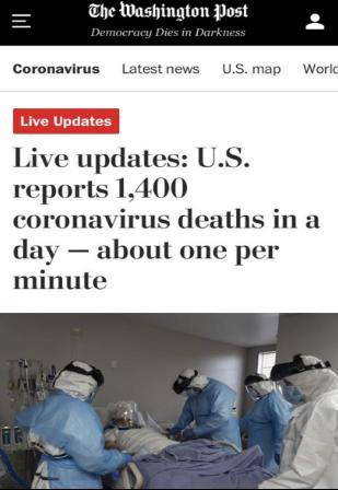 △《华盛顿邮报》指出，7月29日，美国创下单日死亡1400人的新高记录，相当于每分钟都有患者死亡